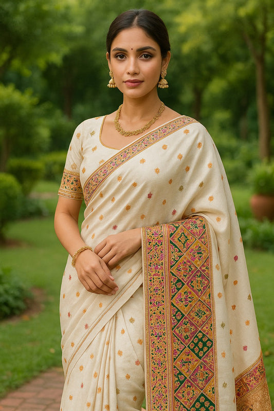 Royal White Kanjeevaram Saree with Handwoven Zari | Festive & Wedding Wear