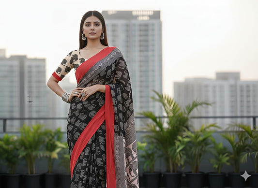 A Premium Crepe Silk Elephant Design Saree with Matching Pallu & Blouse