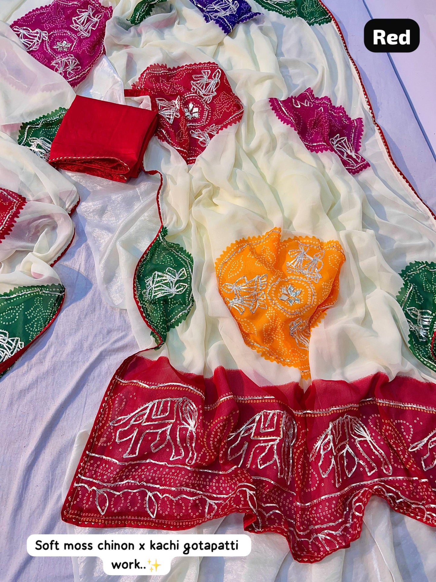 A Premium Soft Moss Chiffon Bandej Saree with Exclusive Gota Patti Work