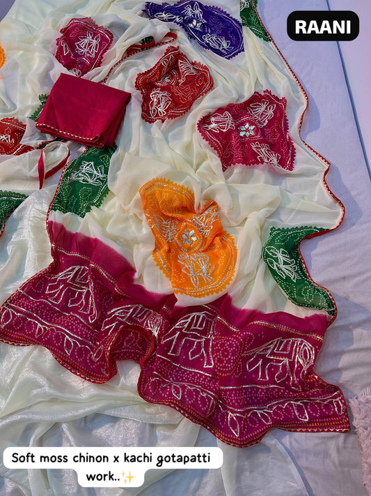 A Premium Soft Moss Chiffon Bandej Saree with Exclusive Gota Patti Work