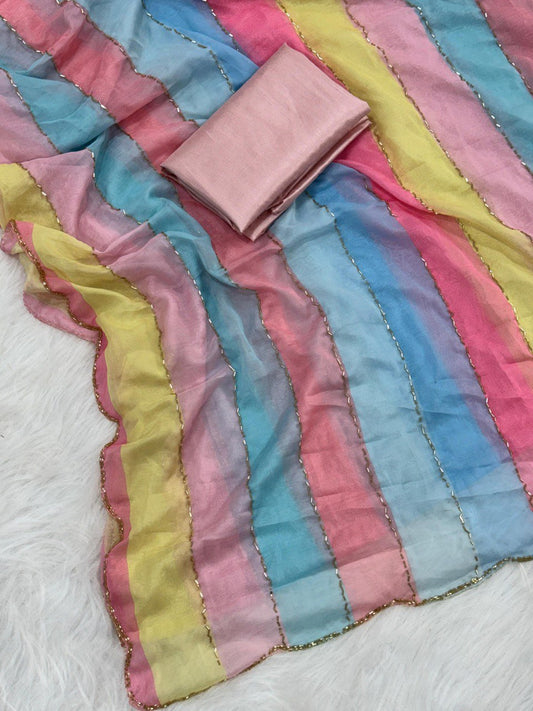 A Designer Heavy Tabby Organza Saree with Multicolor & Handcrafted Beads-Katdana Work