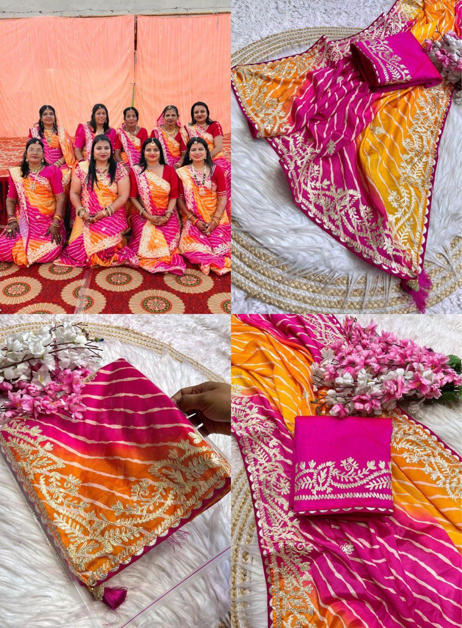 A Chinnon Fabric Digital Leheriya Saree with Ribbon Work