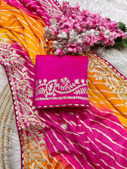A Chinnon Fabric Digital Leheriya Saree with Ribbon Work