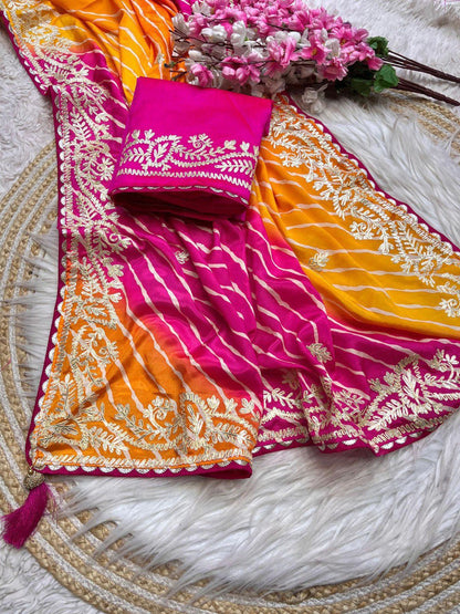 A Chinnon Fabric Digital Leheriya Saree with Ribbon Work