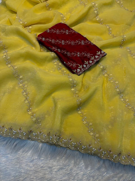 A Soft Crunchy Embroidered Saree With Stone Work