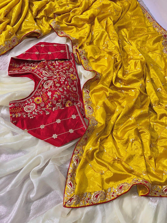 A Premium Chinon Silk Saree With Heavy Sequins & Multicoding Work