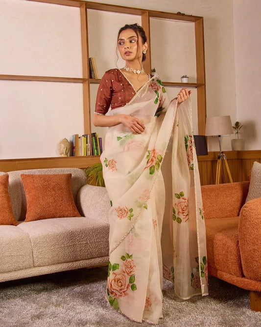 A Pure Soft Tebby Silk Floral Saree with Heavy Khatli Moti Handwork