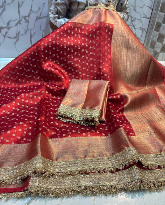 A Banarasi Tissue Silk Saree with Handcrafted Designer Lace Border