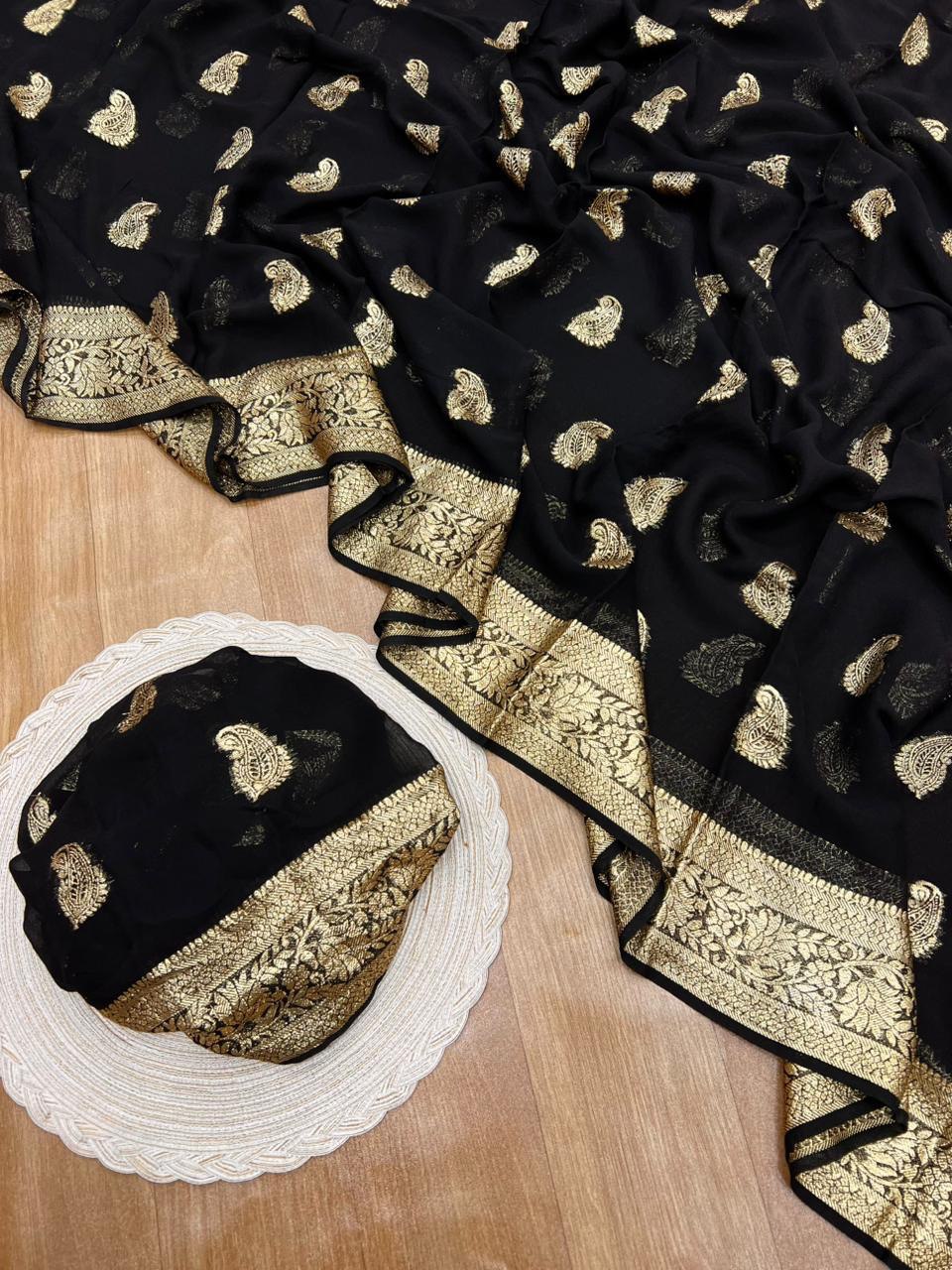 A Pure Viscose Georgette Saree with Fancy Zari & Jacquard Border