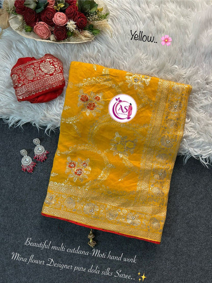 A Dola Silk Designer Saree – Cutdana & Moti Handwork Elegance