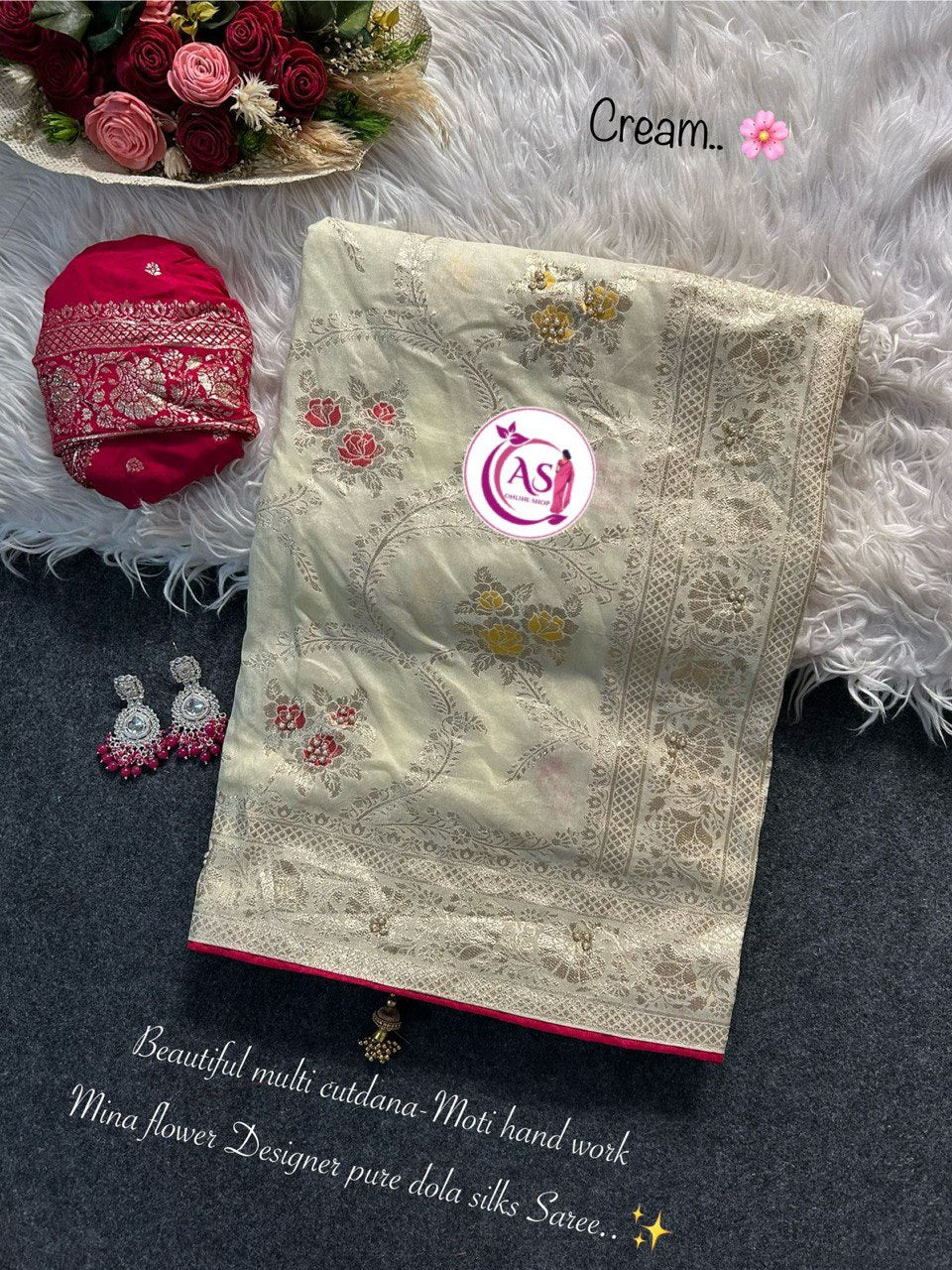 A Dola Silk Designer Saree – Cutdana & Moti Handwork Elegance