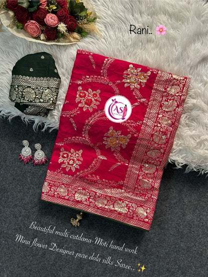 A Dola Silk Designer Saree – Cutdana & Moti Handwork Elegance