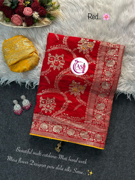 A Dola Silk Designer Saree – Cutdana & Moti Handwork Elegance