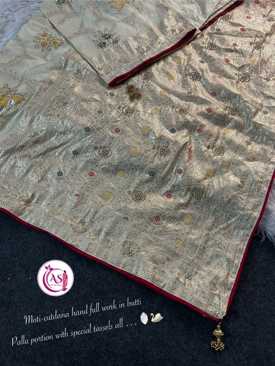 A Dola Silk Designer Saree – Cutdana & Moti Handwork Elegance