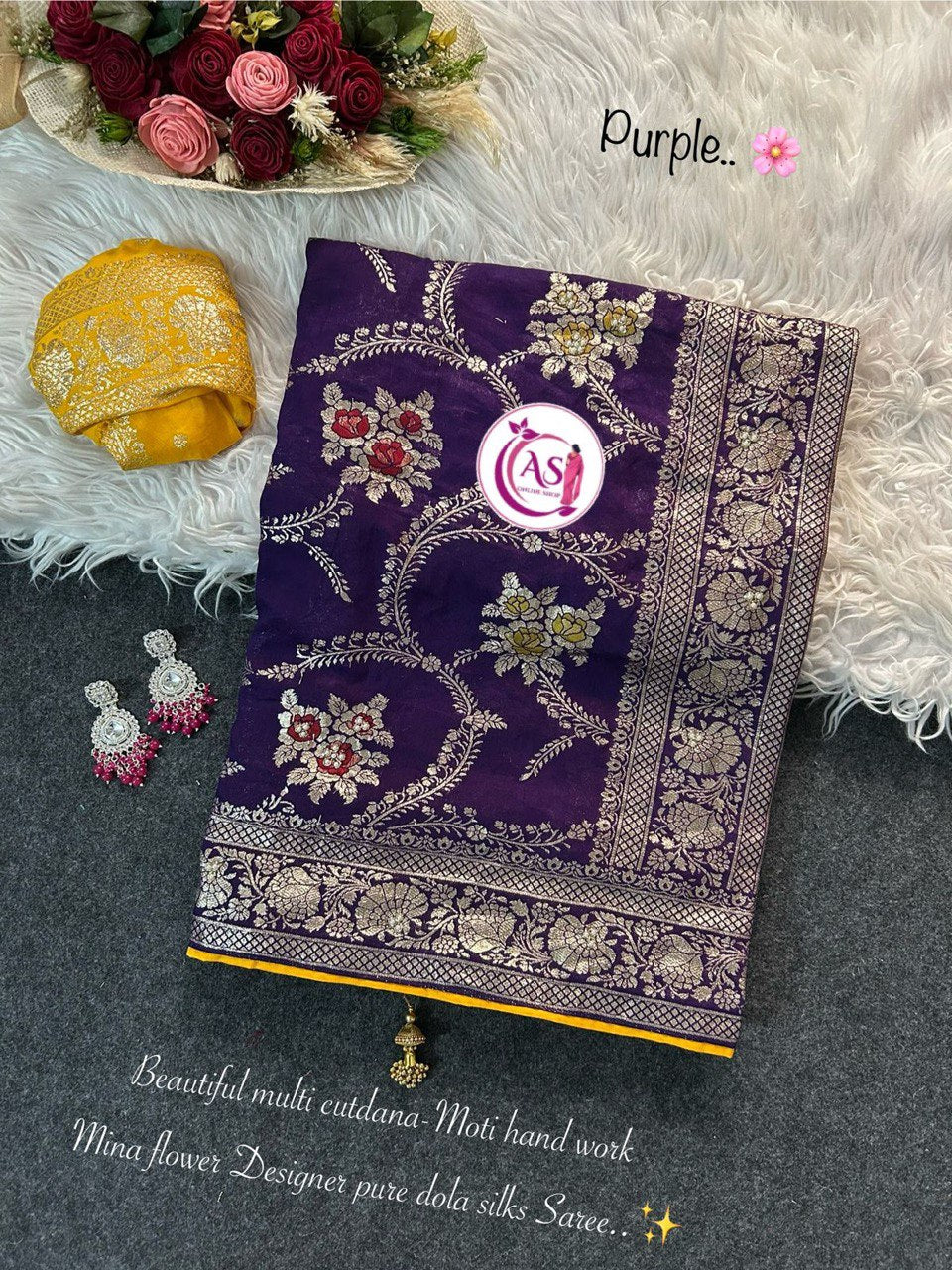 A Dola Silk Designer Saree – Cutdana & Moti Handwork Elegance