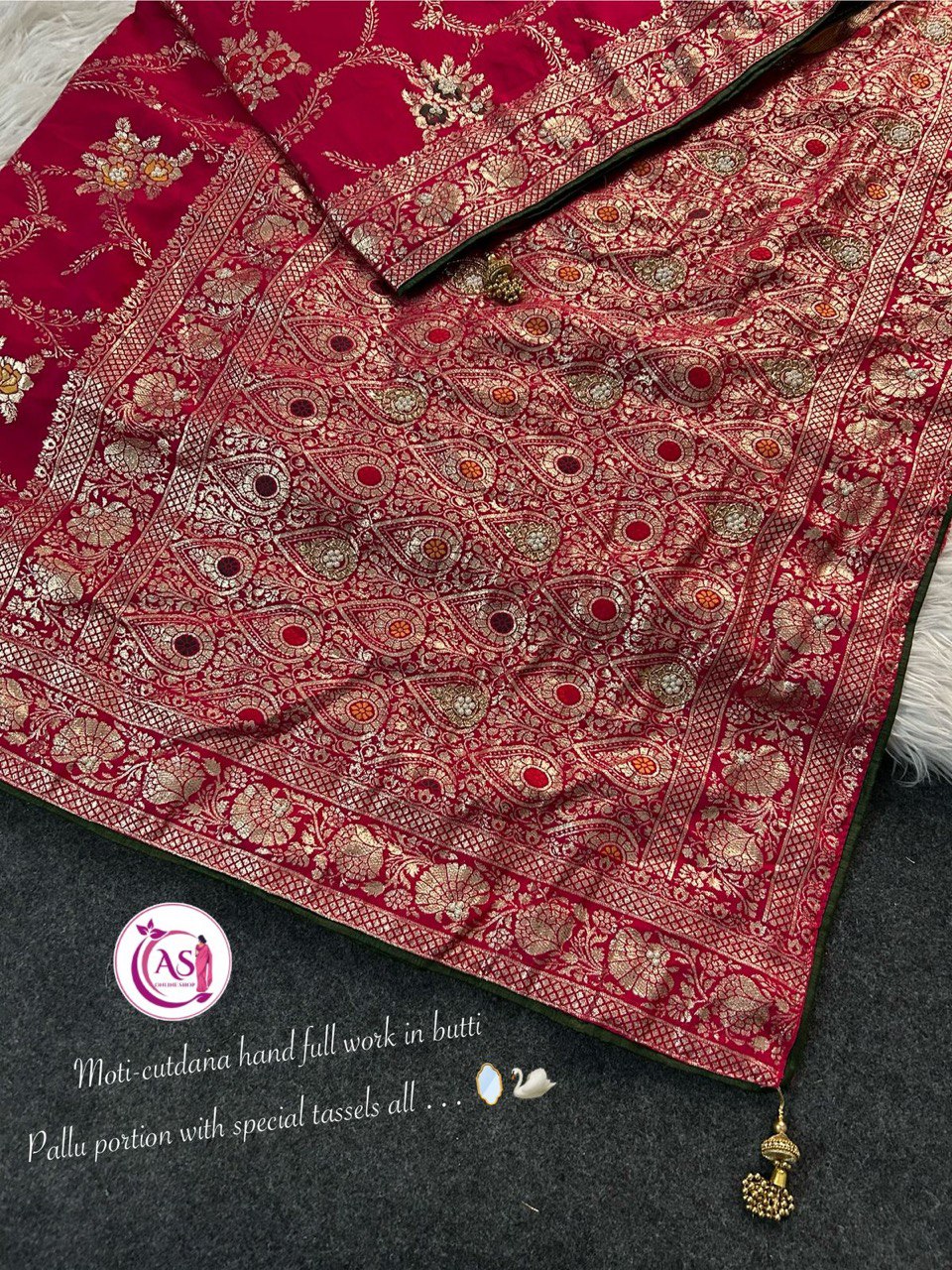 A Dola Silk Designer Saree – Cutdana & Moti Handwork Elegance