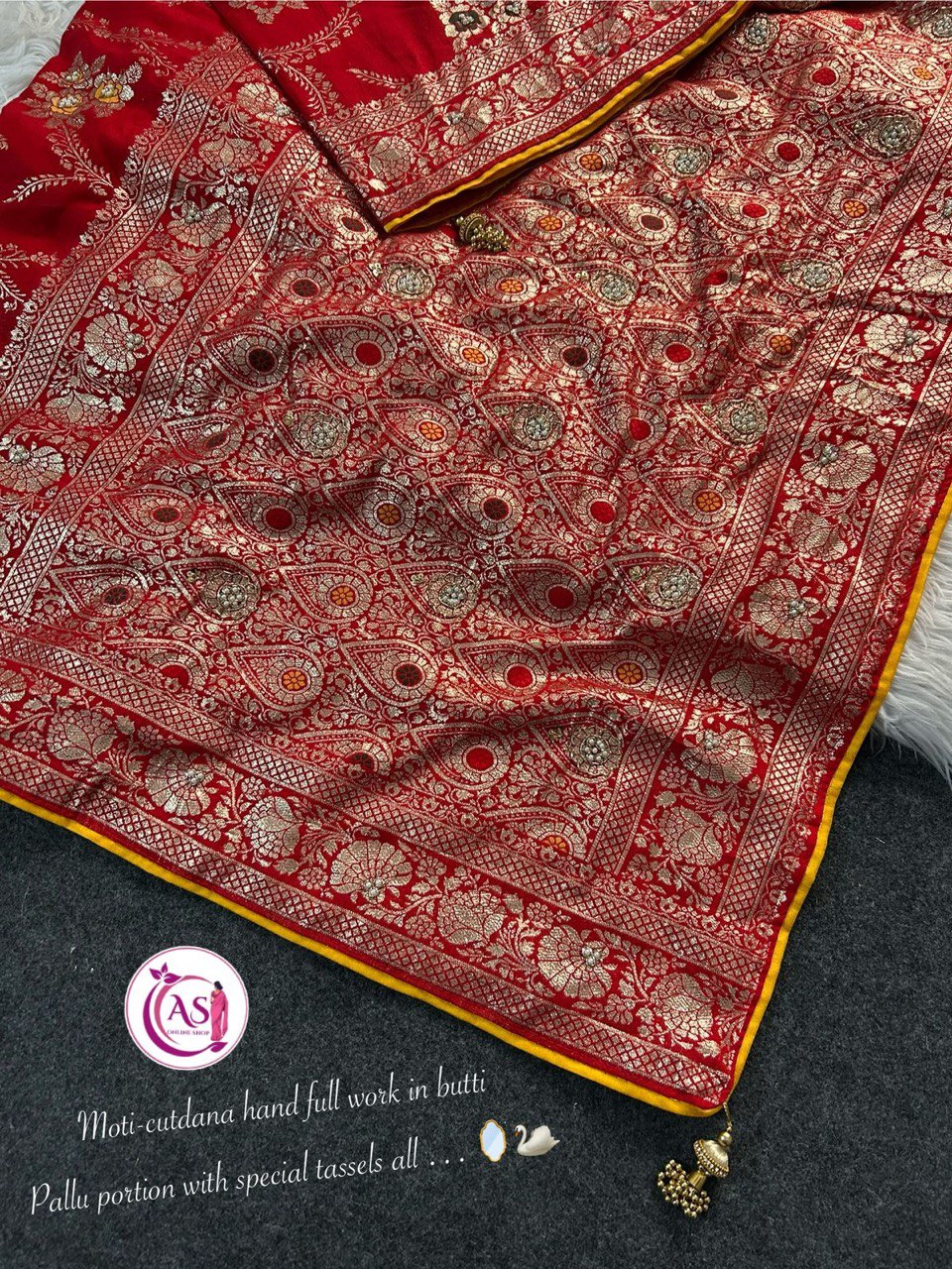 A Dola Silk Designer Saree – Cutdana & Moti Handwork Elegance