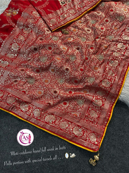 A Dola Silk Designer Saree – Cutdana & Moti Handwork Elegance