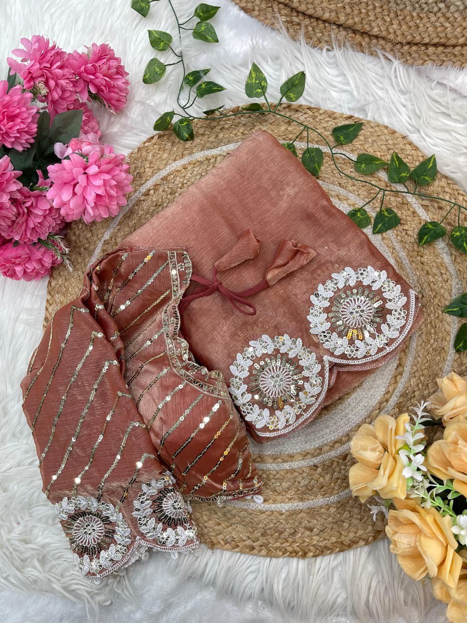 ✨ A Pure Soft Fendy Chiffon Two-Tone Saree (With Stitched Blouse) ✨