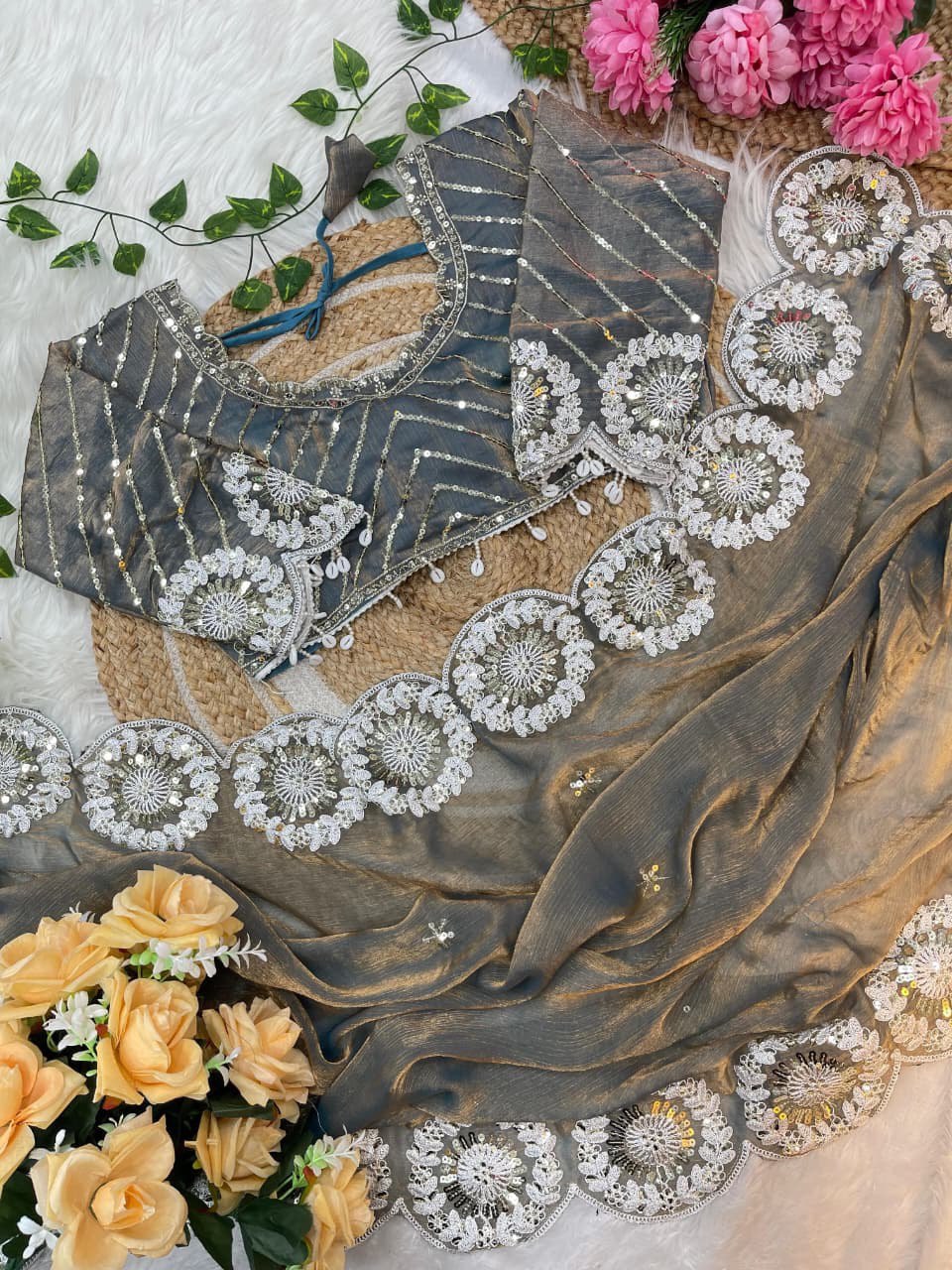 ✨ A Pure Soft Fendy Chiffon Two-Tone Saree (With Stitched Blouse) ✨