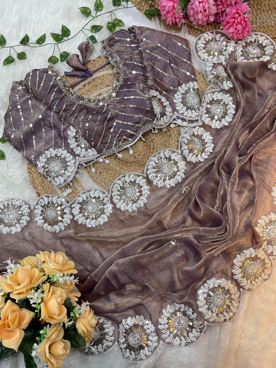 ✨ A Pure Soft Fendy Chiffon Two-Tone Saree (With Stitched Blouse) ✨