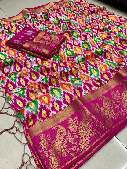 A Kolkata Exclusive – Raw Silk Hand Print Woven Saree