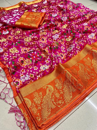 A Kolkata Exclusive – Raw Silk Hand Print Woven Saree
