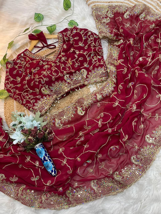 A Morni – Premium Georgette Embroidery Saree (With Stitched Blouse)