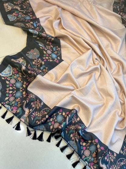 A Heavy Handloom Tussar Silk Saree with Gajraj Chitrakala Digital Print