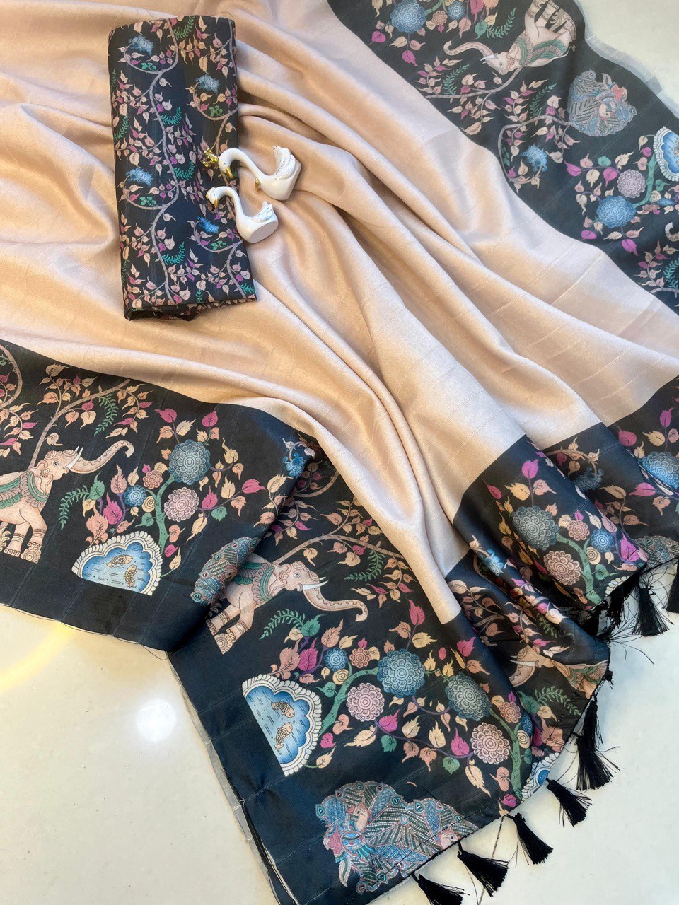 A Heavy Handloom Tussar Silk Saree with Gajraj Chitrakala Digital Print