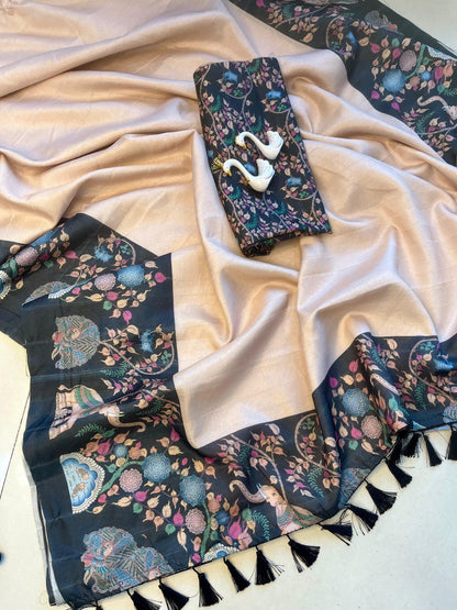 A Heavy Handloom Tussar Silk Saree with Gajraj Chitrakala Digital Print