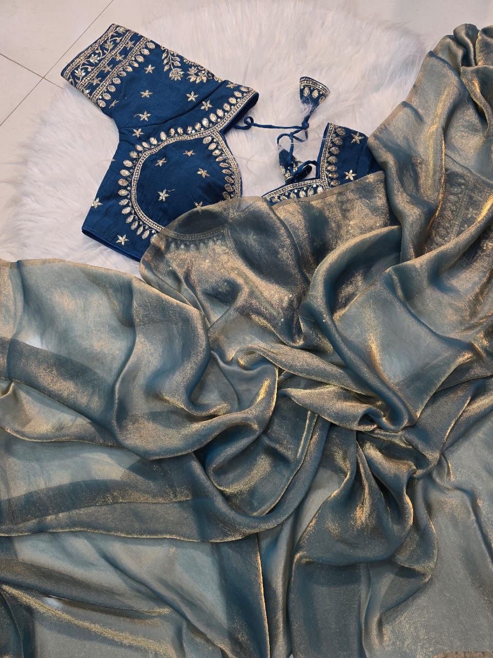 A Beautiful Space Silk Saree with Full Sequins Embroidery & Stitched Blouse