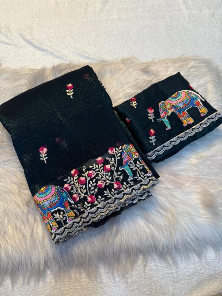 A Pure Soft Crunchy Saree with Full Elephant Embroidery Work