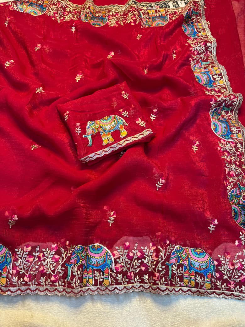 A Pure Soft Crunchy Saree with Full Elephant Embroidery Work