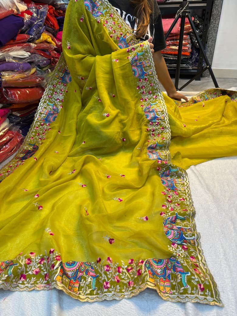 A Pure Soft Crunchy Saree with Full Elephant Embroidery Work