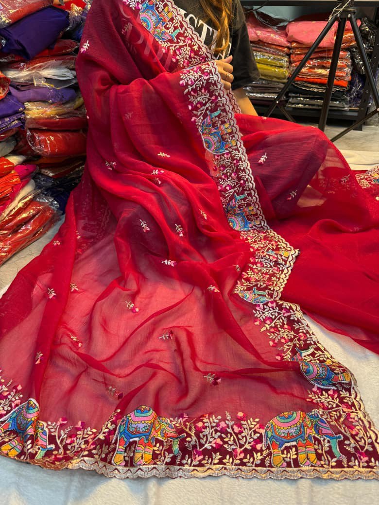 A Pure Soft Crunchy Saree with Full Elephant Embroidery Work