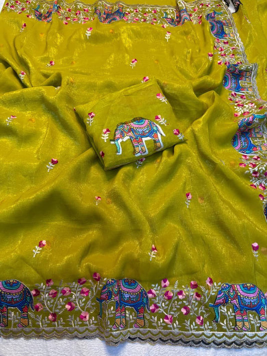A Pure Soft Crunchy Saree with Full Elephant Embroidery Work