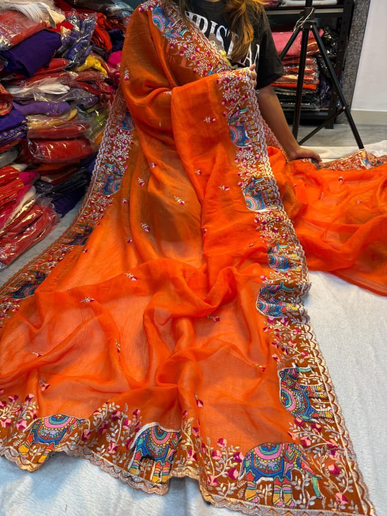 A Pure Soft Crunchy Saree with Full Elephant Embroidery Work