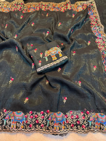 A Pure Soft Crunchy Saree with Full Elephant Embroidery Work