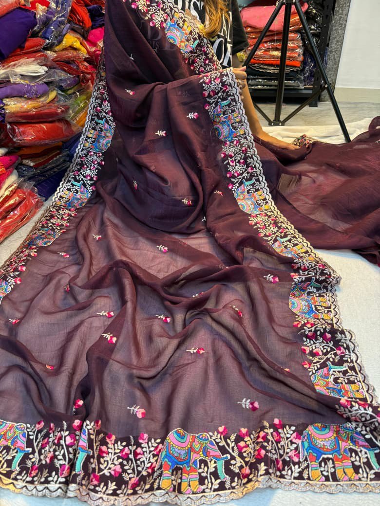 A Pure Soft Crunchy Saree with Full Elephant Embroidery Work
