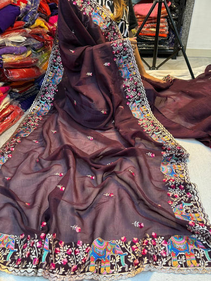 A Pure Soft Crunchy Saree with Full Elephant Embroidery Work