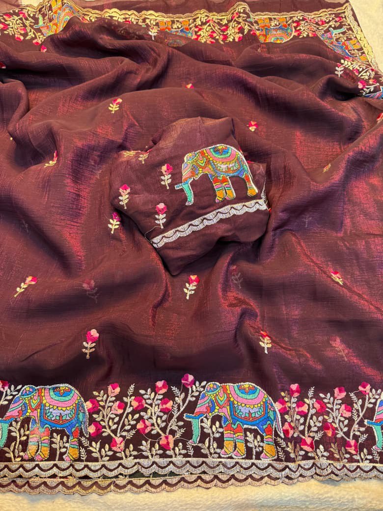 A Pure Soft Crunchy Saree with Full Elephant Embroidery Work