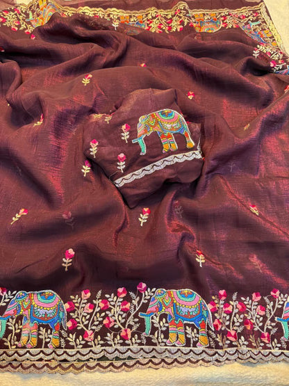 A Pure Soft Crunchy Saree with Full Elephant Embroidery Work
