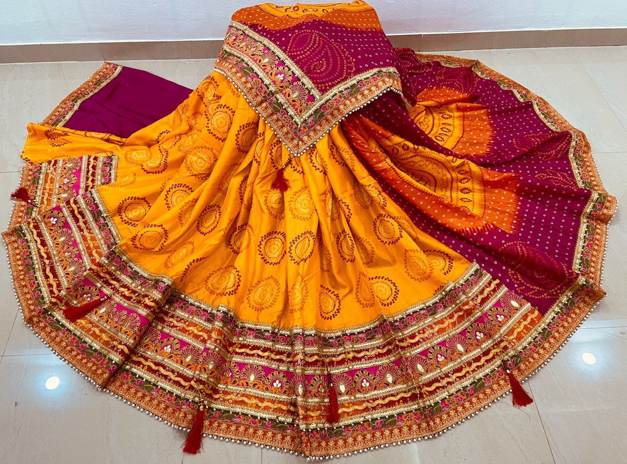 A Premium Original Bandhej Moss Chiffon Saree with Gota Patti & Pearl Lace