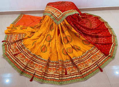 A Premium Original Bandhej Moss Chiffon Saree with Gota Patti & Pearl Lace