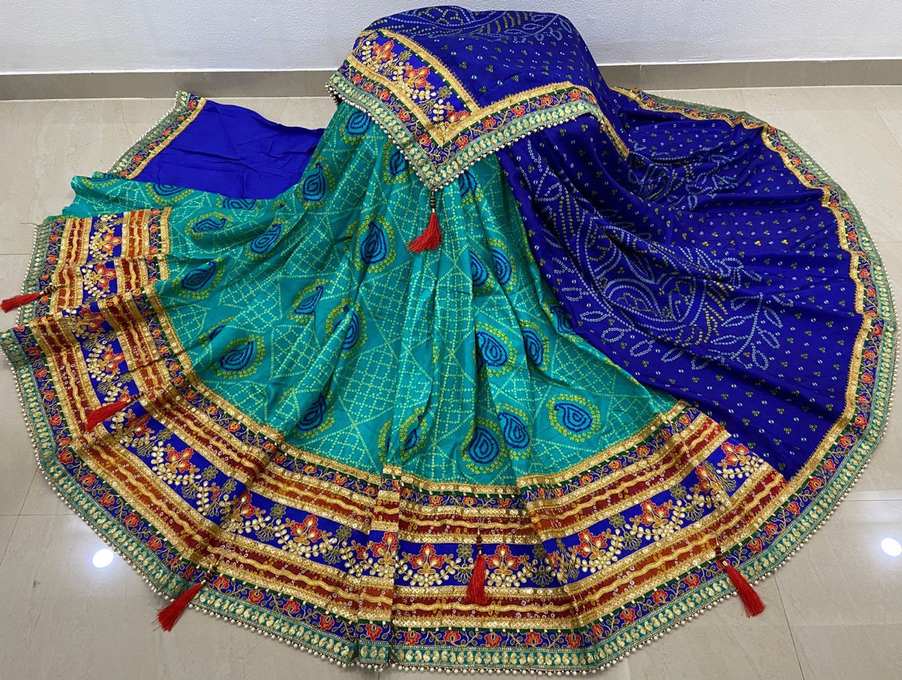 A Premium Original Bandhej Moss Chiffon Saree with Gota Patti & Pearl Lace