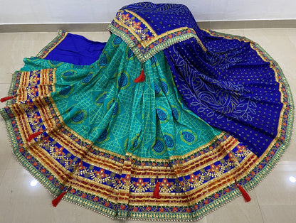 A Premium Original Bandhej Moss Chiffon Saree with Gota Patti & Pearl Lace