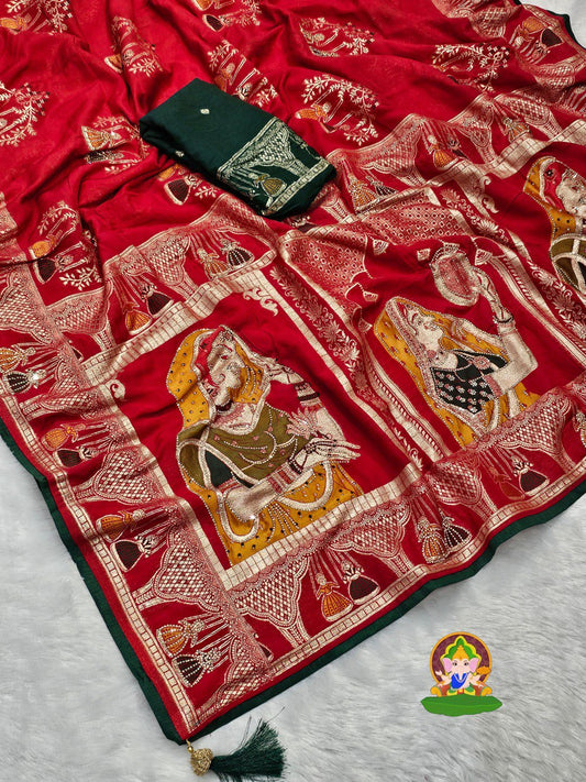 A Pure Dola Viscose Meenakari Zecard Saree with Dulhan Design ✨