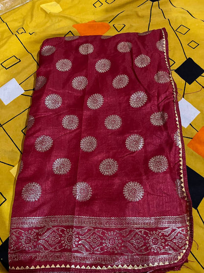 Elegant Brown Vichitra Silk Saree with Foil Print & Samosa Lace Border