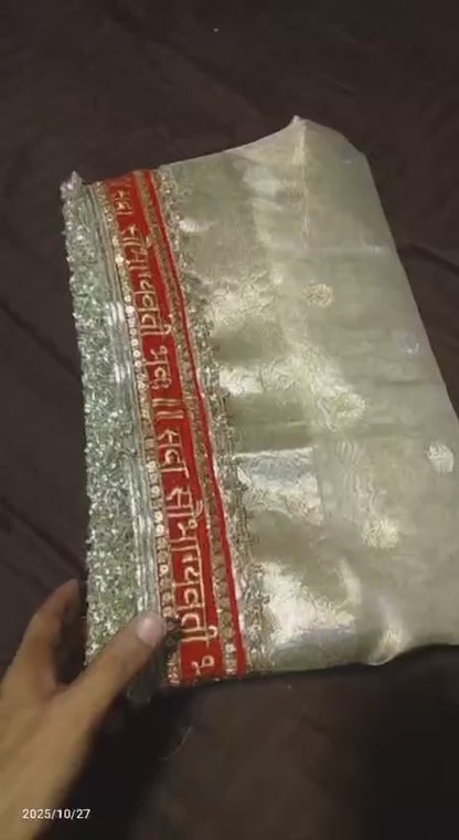 A Banarasi Premium “Sada saubhagyawati” tissue silk white-red border kadhwa saree